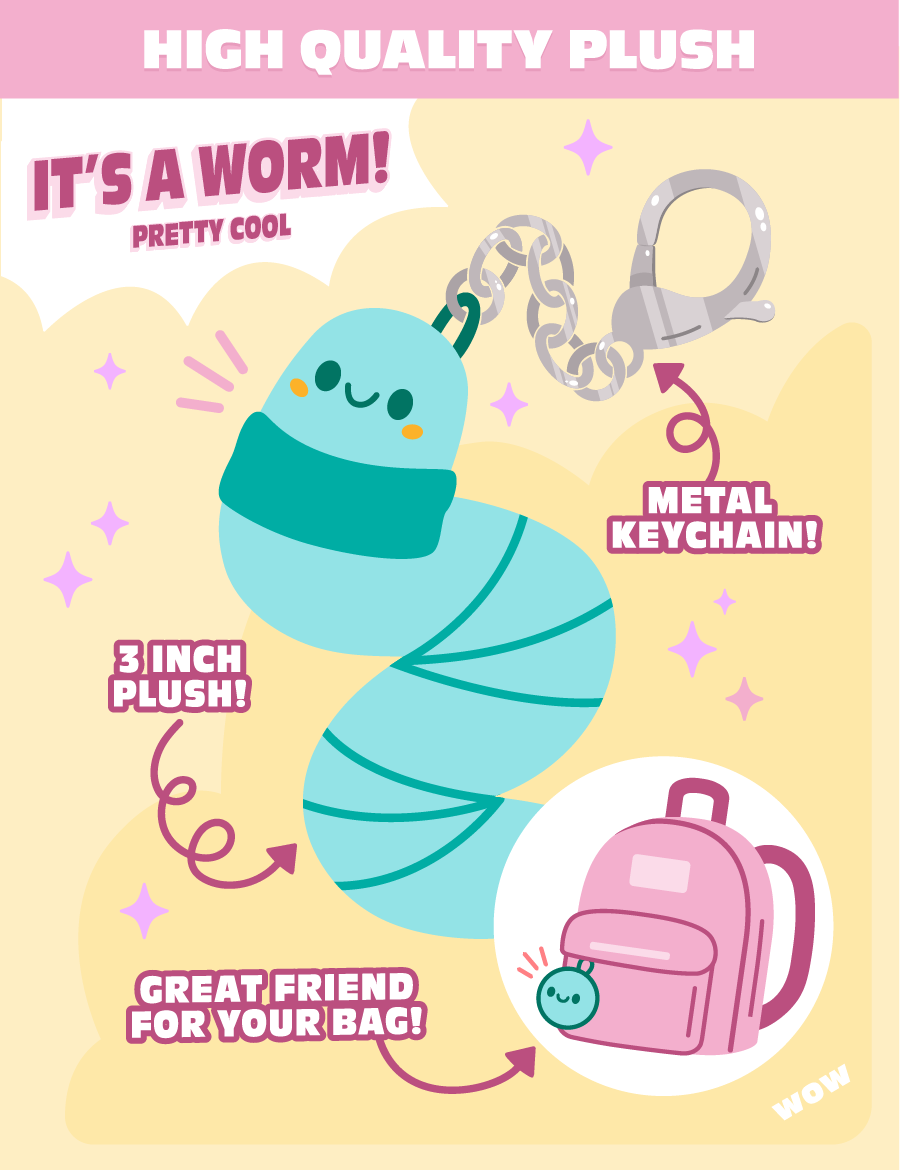 worms blind box descriptions: high quality plush, 3 inch tall metal keychain, great friend for your bag.