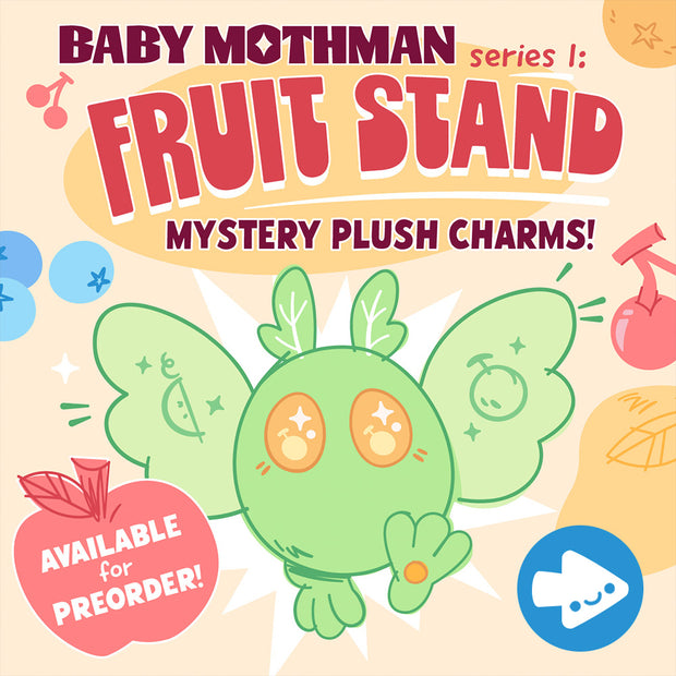 Mothman Blind Box series 1: fruit stand. Cute & collectible mystery plush keychains available for preorder!