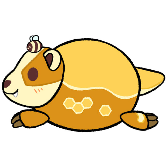yellow honey badger drawing with honey comb design on the side and a small bee on it's head