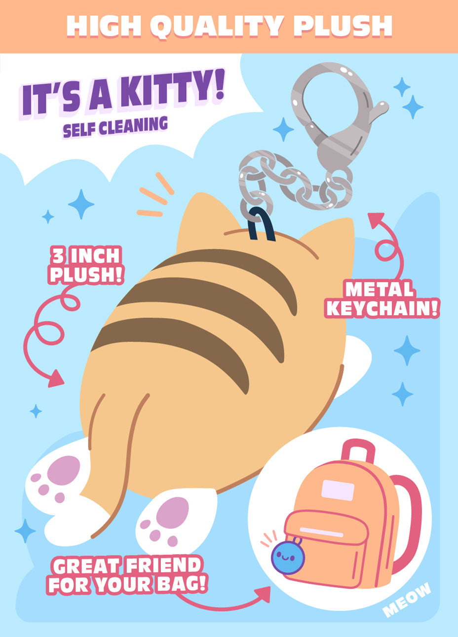 kitties blind box descriptions: high quality plush, 3 inch tall metal keychain, great friend for your bag.