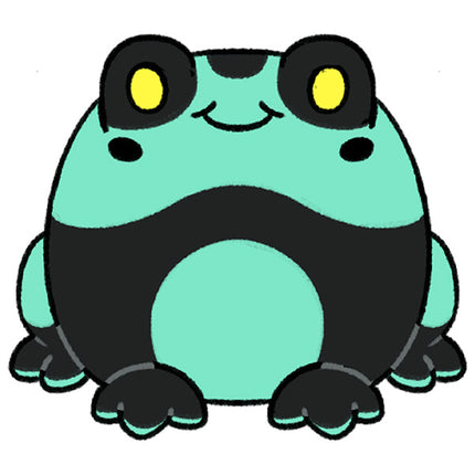 blue and black frog with yellow eyes