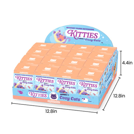 blind box kitties series 1 cozy cats box carton measurements: 12.8inch wide, 12.8inch deep, 4.4inch tall