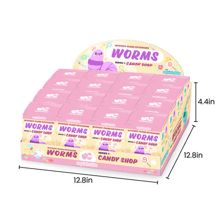 blind box worms series 1 candy shop box carton measurements: 12.8inch wide, 12.8inch deep, 4.4inch tall