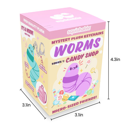 blind box worms series 1 candy shop box individual box measurements: 3.1 inch wide, 3.1 inch deep, 4.3 inch tall