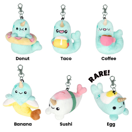 sparkles the narwhal blind box series 1 snacks all products: donut, taco, coffee, banana, sushi, and a rare egg.
