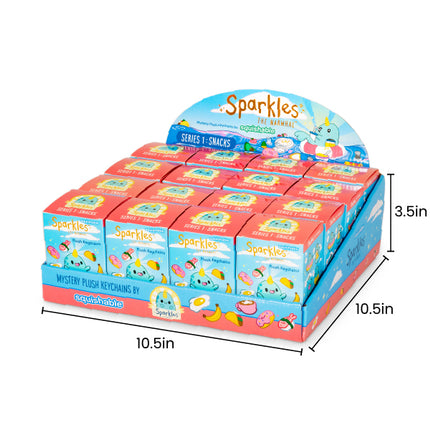 sparkles the narwhal blind box series 1 snacks box carton measurements: 10.5inch wide, 10.5inch deep, 3.5 inch tall