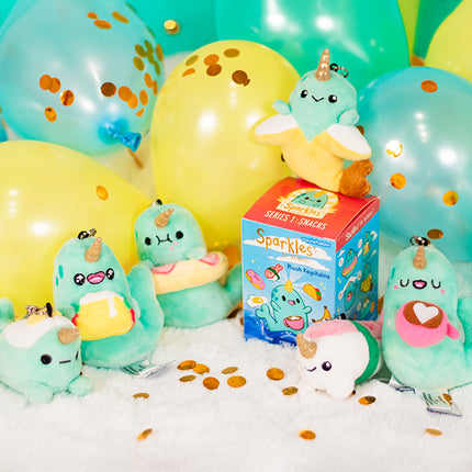 sparkles the narwhal blind box series 1 snacks photo with all the narwhals and balloons